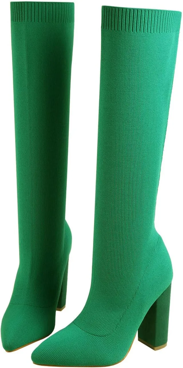 Knit Sock Boots for Women Knee High Pointed Toe Chunky Heel Over The Knee Boots Stretch Pull On Boots