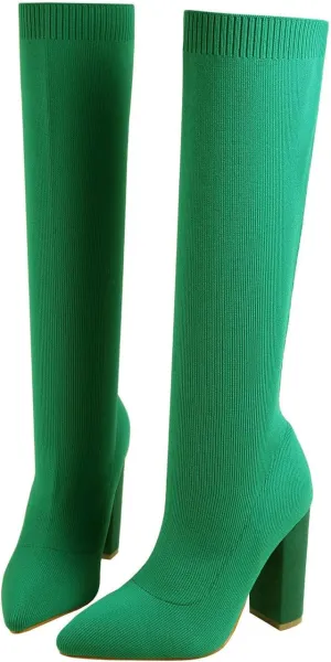 Knit Sock Boots for Women Knee High Pointed Toe Chunky Heel Over The Knee Boots Stretch Pull On Boots