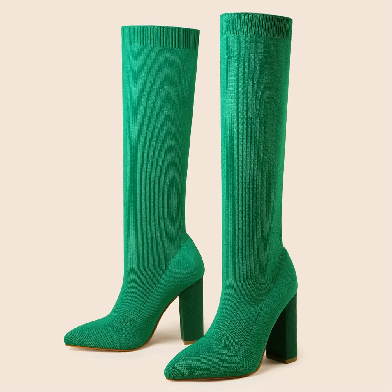 Knit Sock Boots for Women Knee High Pointed Toe Chunky Heel Over The Knee Boots Stretch Pull On Boots