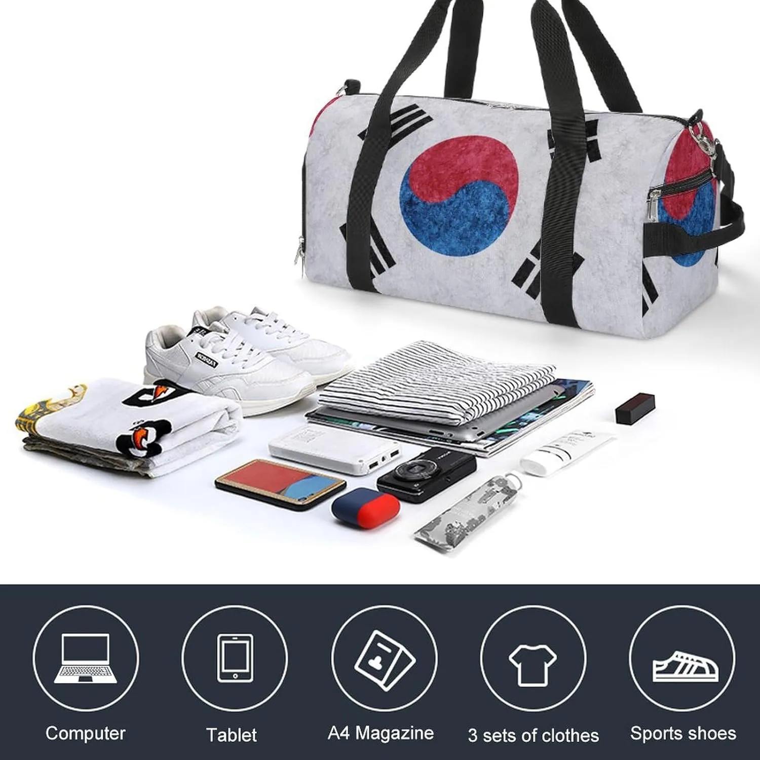 Korean Flag Textured Duffel Bag with Shoe Compartment and Wet Pocket Gym Weekender