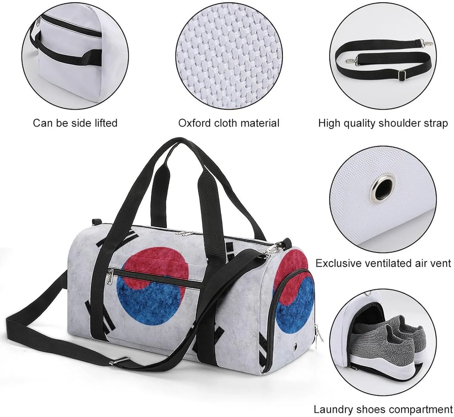 Korean Flag Textured Duffel Bag with Shoe Compartment and Wet Pocket Gym Weekender