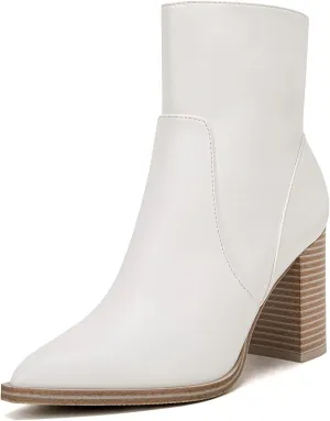 LAICIGO Women's Pointed Toe Ankle Boots Chunky Stacked Heel Side Zipper Faux Leather Ankle Booties