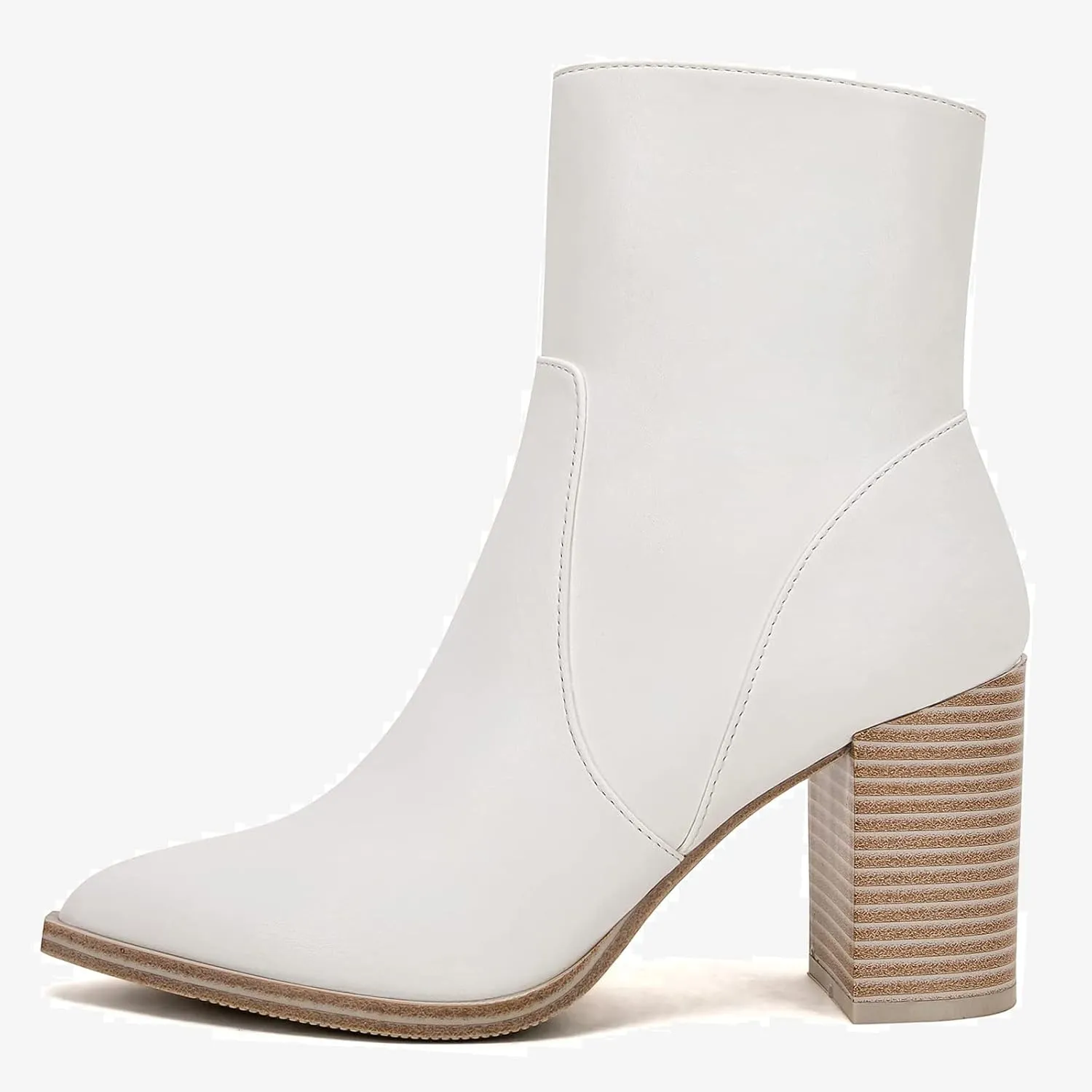 LAICIGO Women's Pointed Toe Ankle Boots Chunky Stacked Heel Side Zipper Faux Leather Ankle Booties