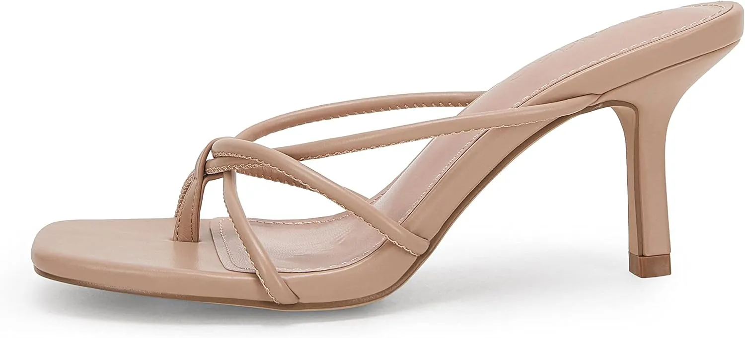 LAICIGO Women’s Square Open Toe Flip Flops Stiletto Heels Strappy Thong Slide on Slingback Mules Sandals