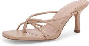 LAICIGO Women’s Square Open Toe Flip Flops Stiletto Heels Strappy Thong Slide on Slingback Mules Sandals