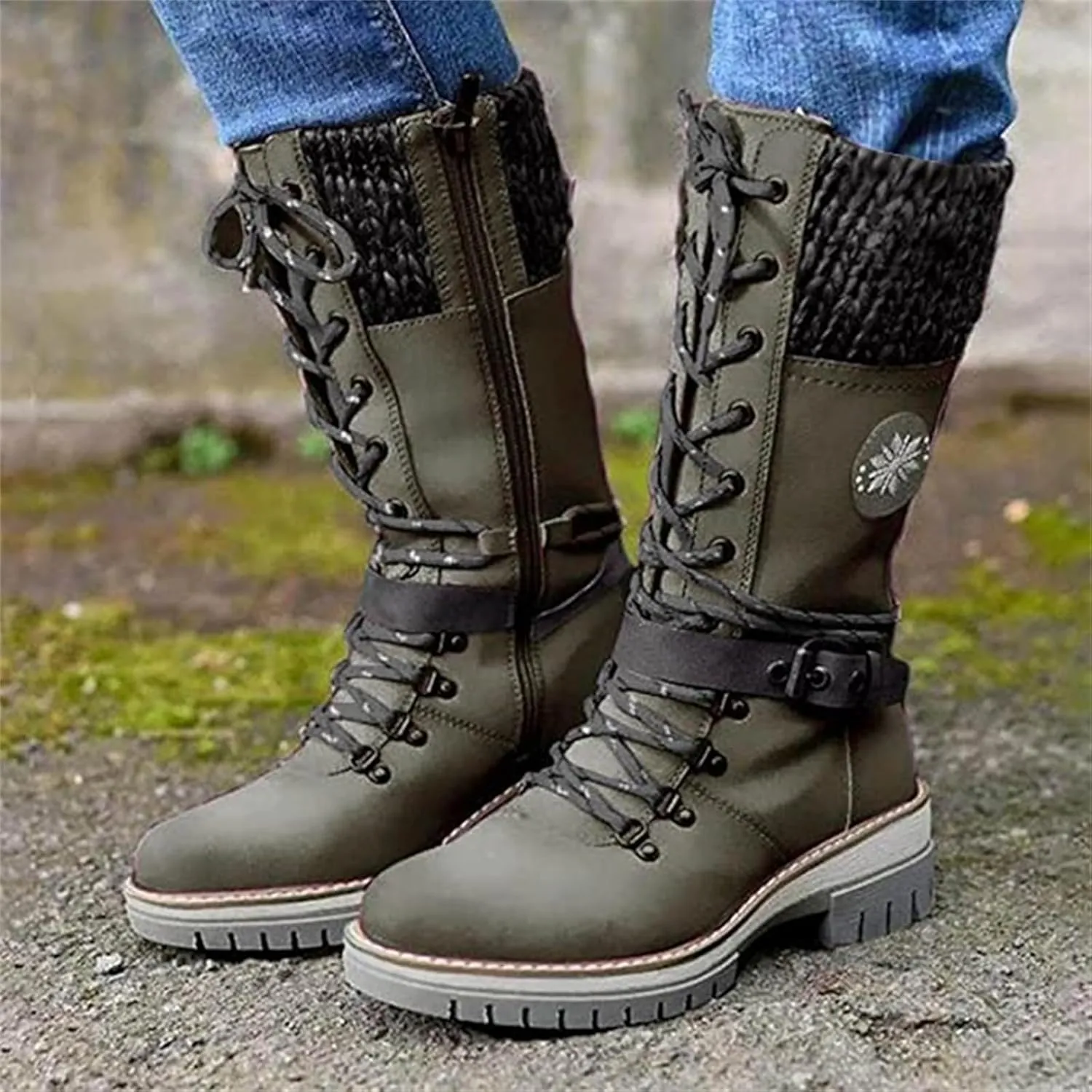 Lausiuoe Boots For Women Low Heel Mid Calf Pull On Winter Boots Side Zip Slouchy Western Cowboy Booties Non Slip Outdoor Shoes