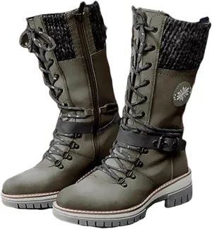 Lausiuoe Boots For Women Low Heel Mid Calf Pull On Winter Boots Side Zip Slouchy Western Cowboy Booties Non Slip Outdoor Shoes