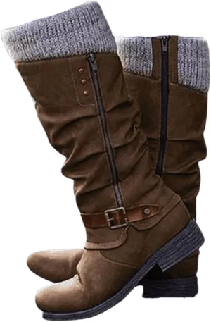 Lausiuoe Boots For Women Low Heel Mid Calf Warm Thermal Outdoor Walking Snow Winter Boots Chunky Side Zip Western Cowboy Boots