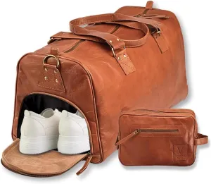 Leather Duffle Bag for Men & Women, 46L Overnight Weekender Garment Duffel Bags for Travel with Free Toiletry Bag, Carry On Mens Weekend Bag for Traveling, Gym - 23 Inch, Brown (Tan)