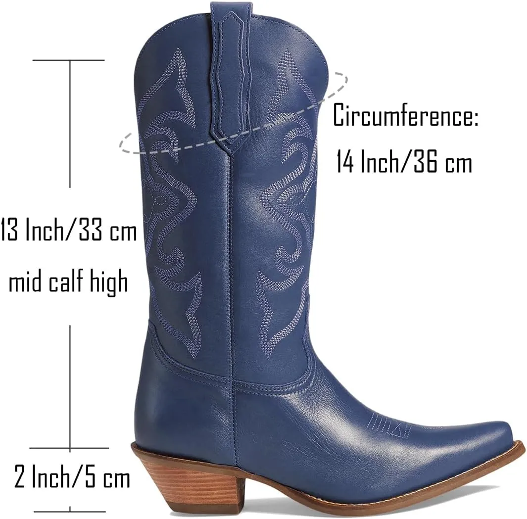 LEHOOR Cowboy Boots Women Embroidered Mid Calf Western Boots Stacked Low Heel Pointed Toe Pull On Cowgirl Boot 4-11 M US