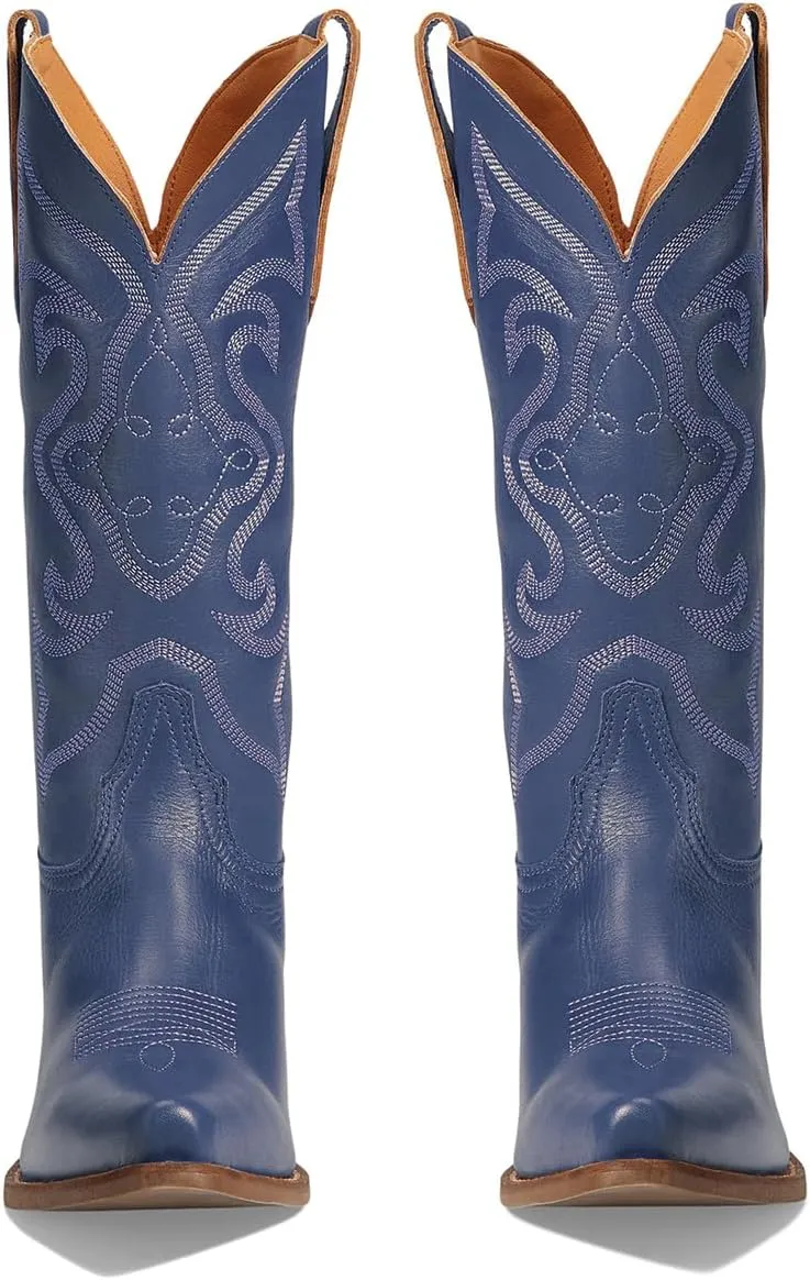 LEHOOR Cowboy Boots Women Embroidered Mid Calf Western Boots Stacked Low Heel Pointed Toe Pull On Cowgirl Boot 4-11 M US