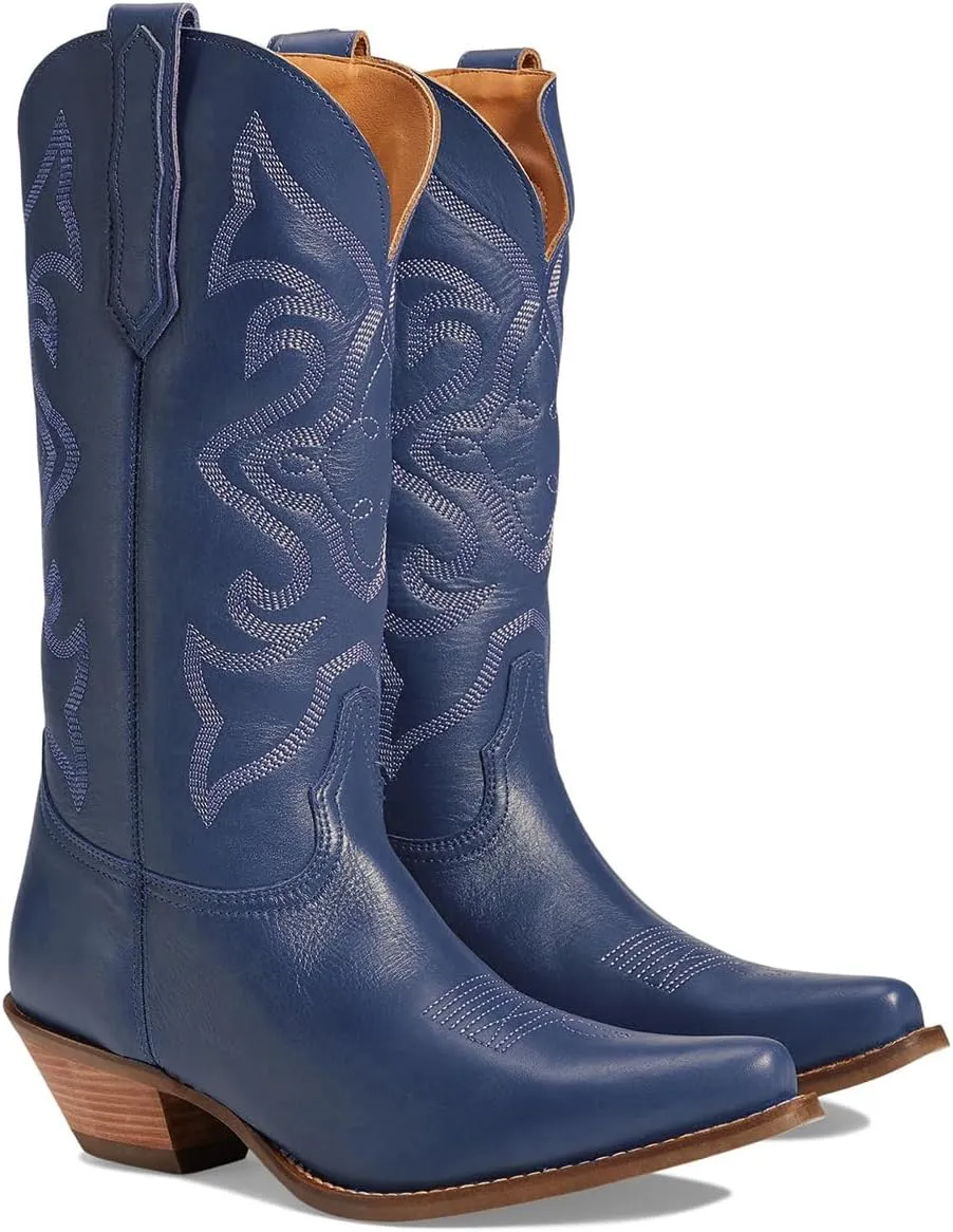 LEHOOR Cowboy Boots Women Embroidered Mid Calf Western Boots Stacked Low Heel Pointed Toe Pull On Cowgirl Boot 4-11 M US