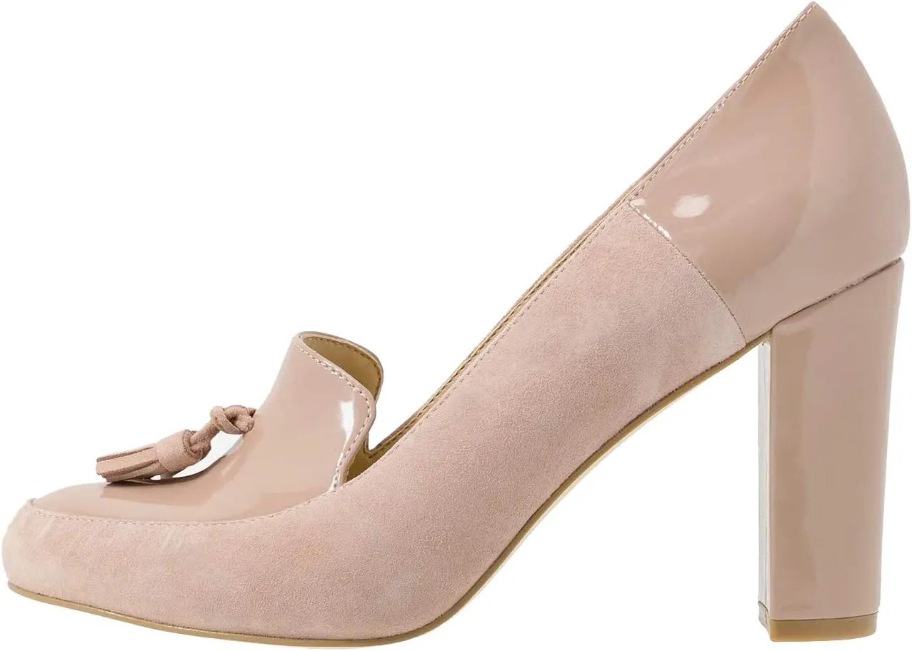 LEHOOR Women Chunky Block High Heel Fringed Pumps Round Toe, Slip On Dress Loafers with Tassel Suede Patent Leather Patchwork for Ladies Girls Office 4-15 M US