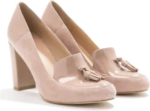 LEHOOR Women Chunky Block High Heel Fringed Pumps Round Toe, Slip On Dress Loafers with Tassel Suede Patent Leather Patchwork for Ladies Girls Office 4-15 M US
