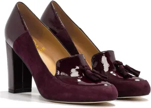LEHOOR Women Chunky Block High Heel Fringed Pumps Round Toe, Slip On Dress Loafers with Tassel Suede Patent Leather Patchwork for Ladies Girls Office 4-15 M US