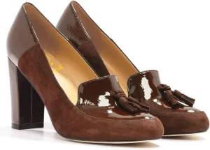 LEHOOR Women Chunky Block High Heel Fringed Pumps Round Toe, Slip On Dress Loafers with Tassel Suede Patent Leather Patchwork for Ladies Girls Office 4-15 M US
