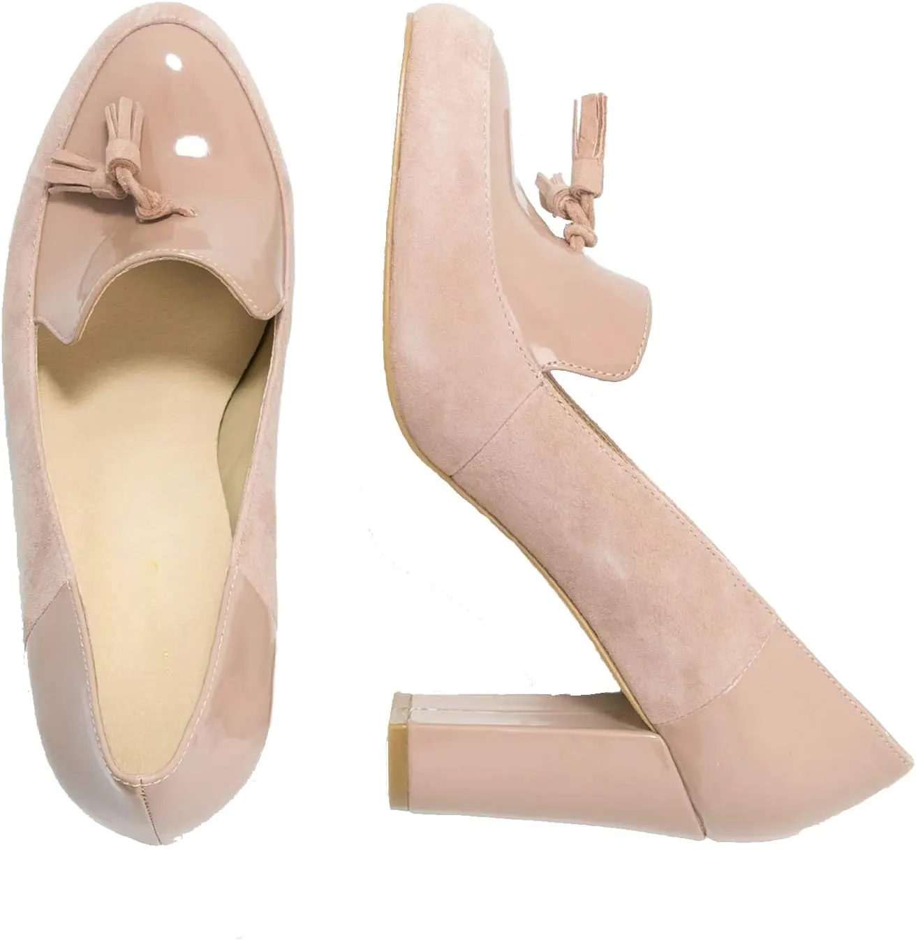 LEHOOR Women Chunky Block High Heel Fringed Pumps Round Toe, Slip On Dress Loafers with Tassel Suede Patent Leather Patchwork for Ladies Girls Office 4-15 M US