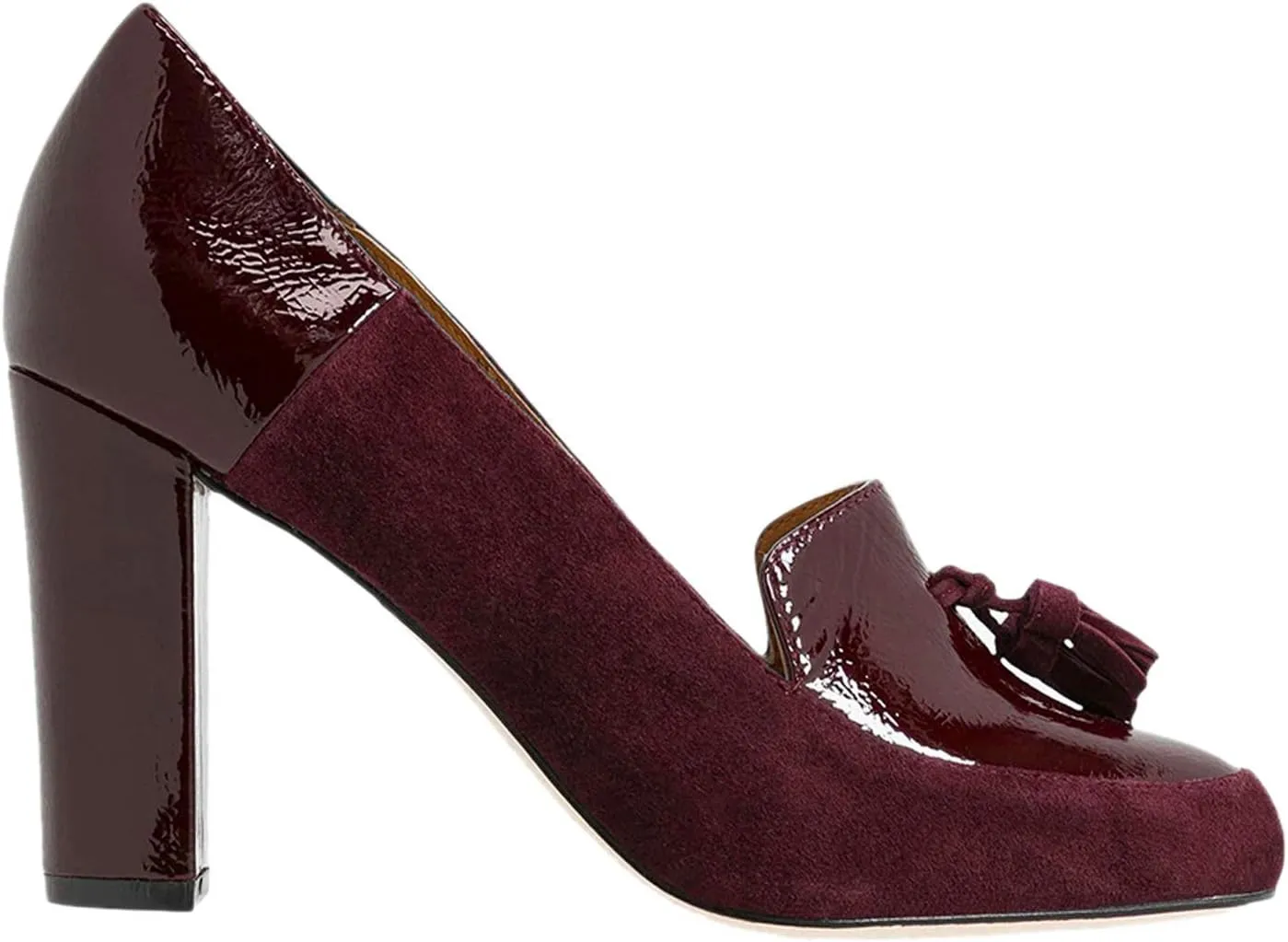 LEHOOR Women Chunky Block High Heel Fringed Pumps Round Toe, Slip On Dress Loafers with Tassel Suede Patent Leather Patchwork for Ladies Girls Office 4-15 M US