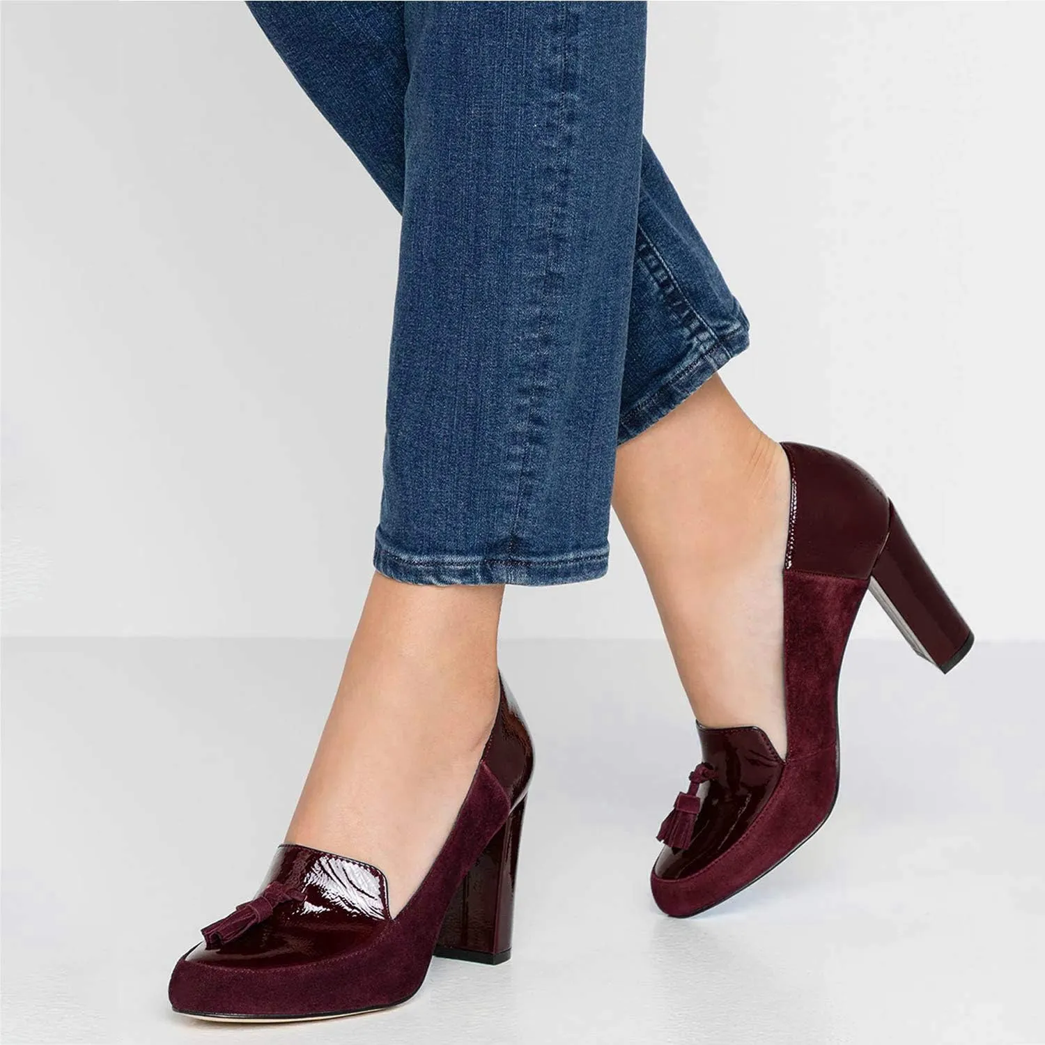 LEHOOR Women Chunky Block High Heel Fringed Pumps Round Toe, Slip On Dress Loafers with Tassel Suede Patent Leather Patchwork for Ladies Girls Office 4-15 M US