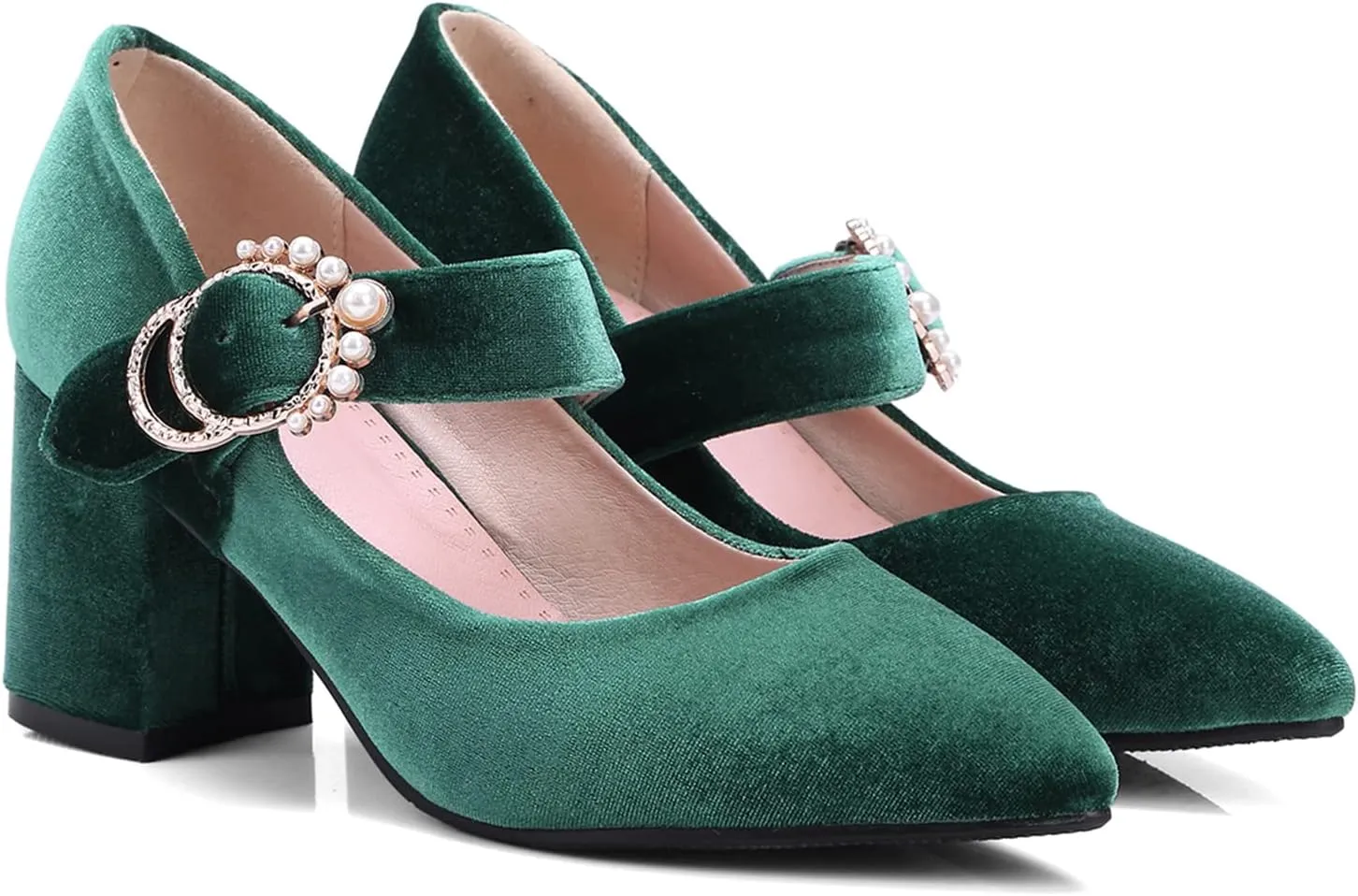 LEHOOR Women Chunky Heel Closed Pointed Toe Mary Jane Pumps Metal Buckle with Pearl Ankle Strap Mary Jane Heels Velvet Comfort Vintage Dress Shoes Block Heel Retro Bridal Party 4-11 M US