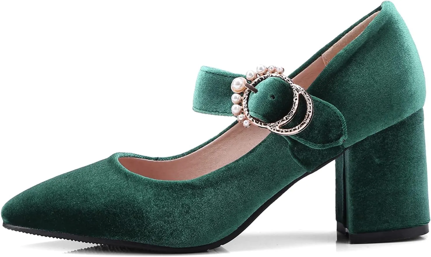 LEHOOR Women Chunky Heel Closed Pointed Toe Mary Jane Pumps Metal Buckle with Pearl Ankle Strap Mary Jane Heels Velvet Comfort Vintage Dress Shoes Block Heel Retro Bridal Party 4-11 M US