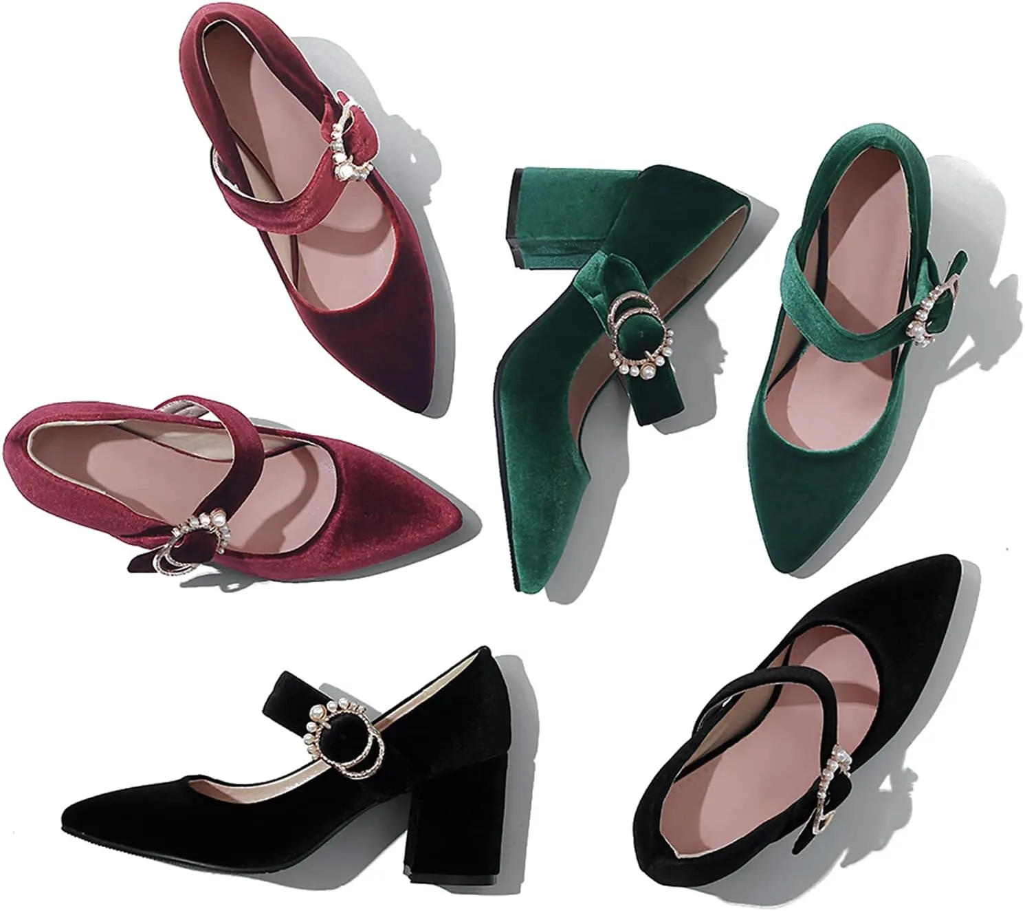 LEHOOR Women Chunky Heel Closed Pointed Toe Mary Jane Pumps Metal Buckle with Pearl Ankle Strap Mary Jane Heels Velvet Comfort Vintage Dress Shoes Block Heel Retro Bridal Party 4-11 M US