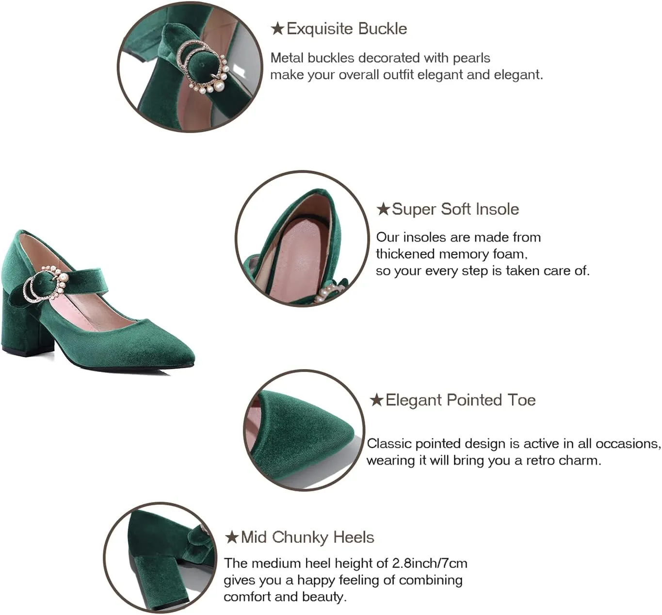 LEHOOR Women Chunky Heel Closed Pointed Toe Mary Jane Pumps Metal Buckle with Pearl Ankle Strap Mary Jane Heels Velvet Comfort Vintage Dress Shoes Block Heel Retro Bridal Party 4-11 M US