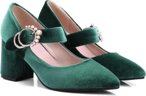 LEHOOR Women Chunky Heel Closed Pointed Toe Mary Jane Pumps Metal Buckle with Pearl Ankle Strap Mary Jane Heels Velvet Comfort Vintage Dress Shoes Block Heel Retro Bridal Party 4-11 M US