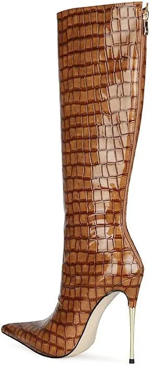 LEHOOR Women Stiletto High Heel Knee High Boots Pointed Toe Crocodile Pattern Mid-Calf Boots Back Zipper 5 Inch High Heel Patent Leather For Ladies Winter Party Evening Booties Shoes 4-12 M US