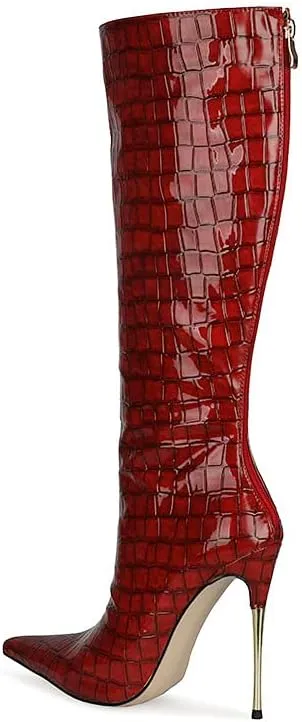 LEHOOR Women Stiletto High Heel Knee High Boots Pointed Toe Crocodile Pattern Mid-Calf Boots Back Zipper 5 Inch High Heel Patent Leather For Ladies Winter Party Evening Booties Shoes 4-12 M US