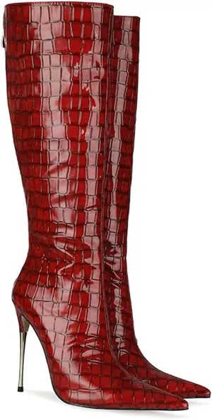 LEHOOR Women Stiletto High Heel Knee High Boots Pointed Toe Crocodile Pattern Mid-Calf Boots Back Zipper 5 Inch High Heel Patent Leather For Ladies Winter Party Evening Booties Shoes 4-12 M US