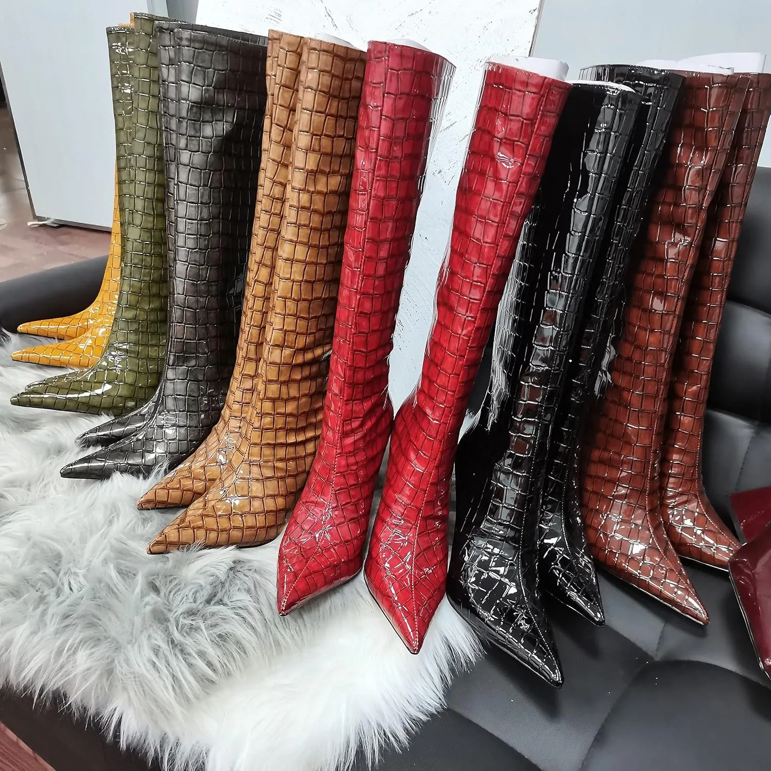 LEHOOR Women Stiletto High Heel Knee High Boots Pointed Toe Crocodile Pattern Mid-Calf Boots Back Zipper 5 Inch High Heel Patent Leather For Ladies Winter Party Evening Booties Shoes 4-12 M US