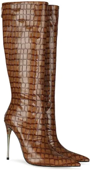 LEHOOR Women Stiletto High Heel Knee High Boots Pointed Toe Crocodile Pattern Mid-Calf Boots Back Zipper 5 Inch High Heel Patent Leather For Ladies Winter Party Evening Booties Shoes 4-12 M US