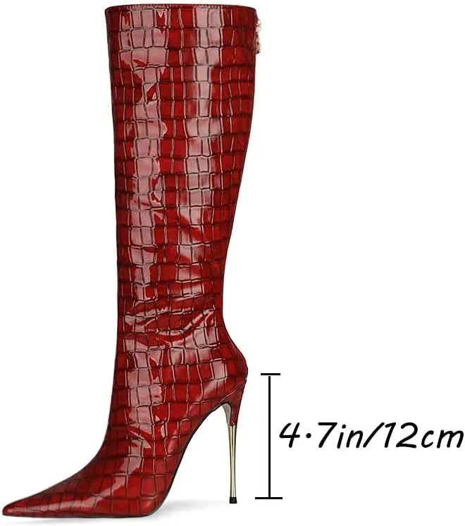 LEHOOR Women Stiletto High Heel Knee High Boots Pointed Toe Crocodile Pattern Mid-Calf Boots Back Zipper 5 Inch High Heel Patent Leather For Ladies Winter Party Evening Booties Shoes 4-12 M US