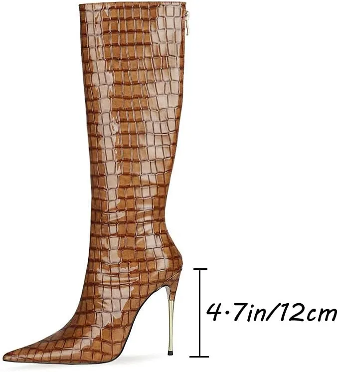 LEHOOR Women Stiletto High Heel Knee High Boots Pointed Toe Crocodile Pattern Mid-Calf Boots Back Zipper 5 Inch High Heel Patent Leather For Ladies Winter Party Evening Booties Shoes 4-12 M US