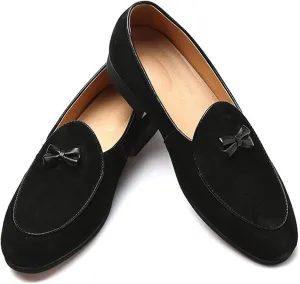 Leisure Loafers for Men Genuine Leather Slip on Apron Pointed Toe Shoes Bow Tassel Smoking Slipper Block Heel Solid Color Anti Slip Loafer Casual