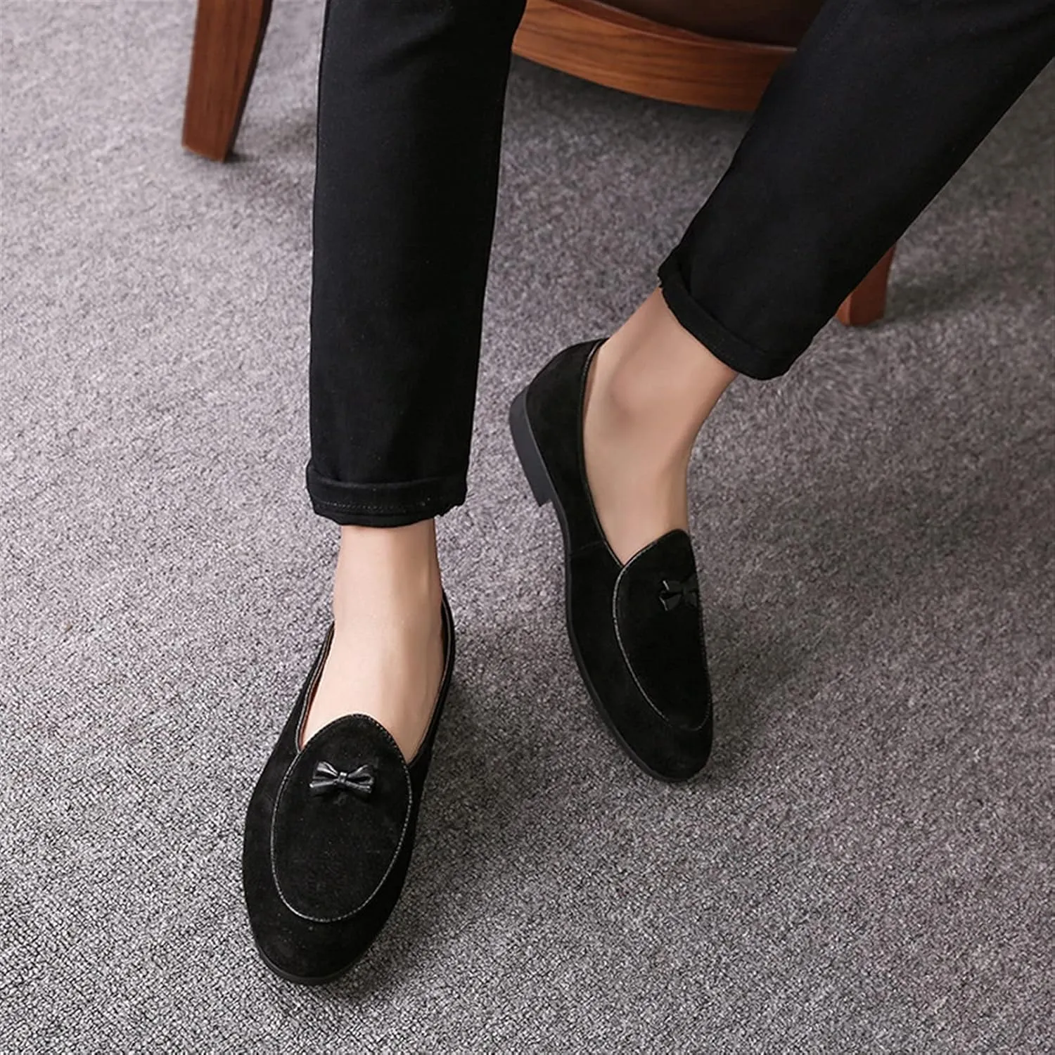 Leisure Loafers for Men Genuine Leather Slip on Apron Pointed Toe Shoes Bow Tassel Smoking Slipper Block Heel Solid Color Anti Slip Loafer Casual