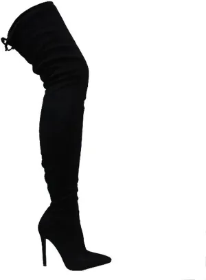 Liliana Women Faux Leather Pointy Toe Thigh High Single Sole Stiletto Boot
