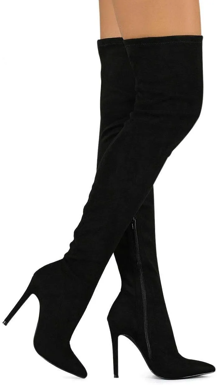 Liliana Women Faux Leather Pointy Toe Thigh High Single Sole Stiletto Boot