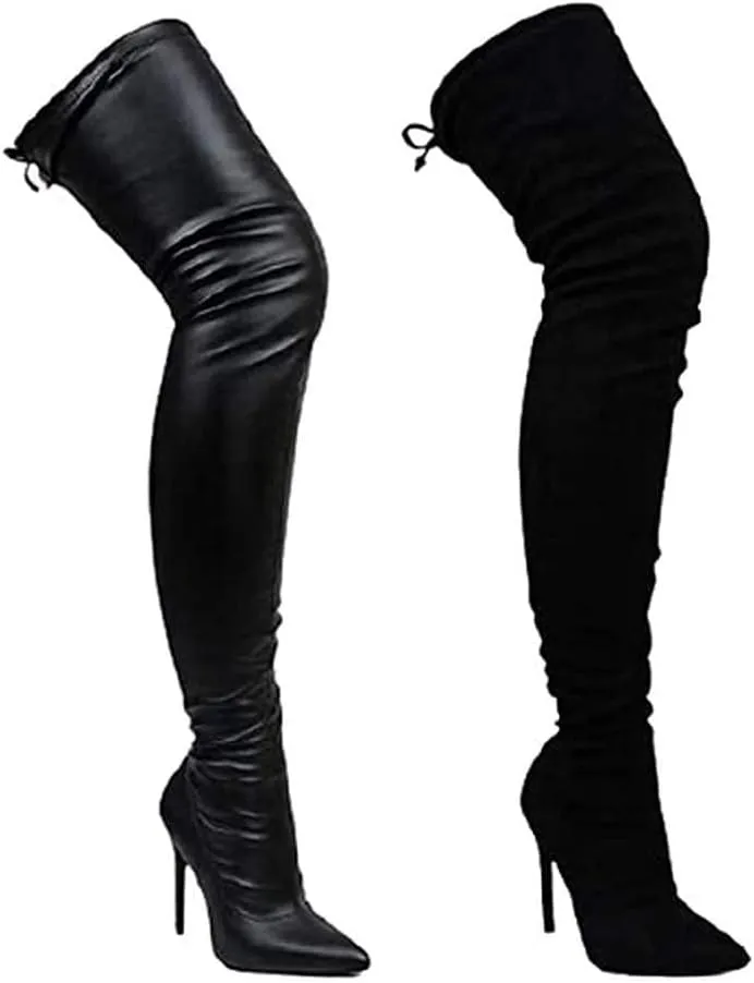 Liliana Women Faux Leather Pointy Toe Thigh High Single Sole Stiletto Boot