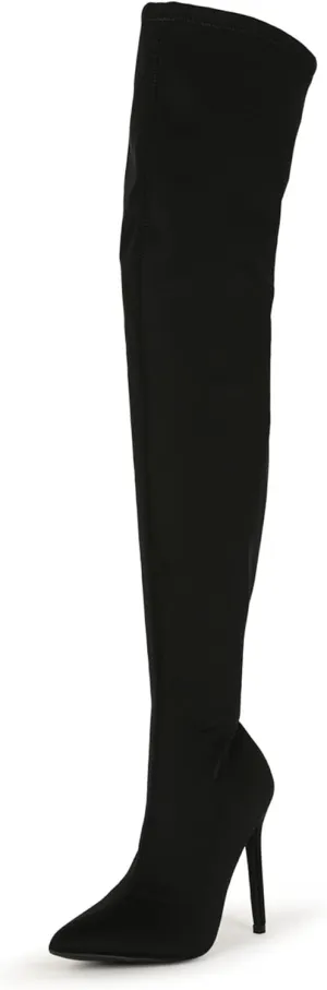 Liliana Women Faux Leather Pointy Toe Thigh High Single Sole Stiletto Boot
