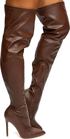 Liliana Women Faux Leather Pointy Toe Thigh High Single Sole Stiletto Boot