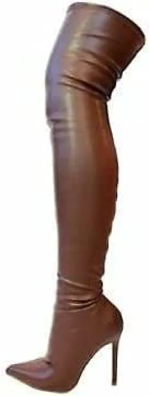 Liliana Women Faux Leather Pointy Toe Thigh High Single Sole Stiletto Boot