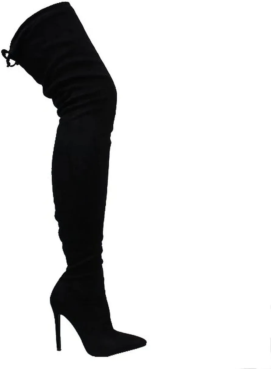 Liliana Women Faux Leather Pointy Toe Thigh High Single Sole Stiletto Boot