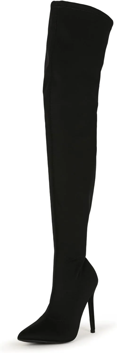 Liliana Women Faux Leather Pointy Toe Thigh High Single Sole Stiletto Boot