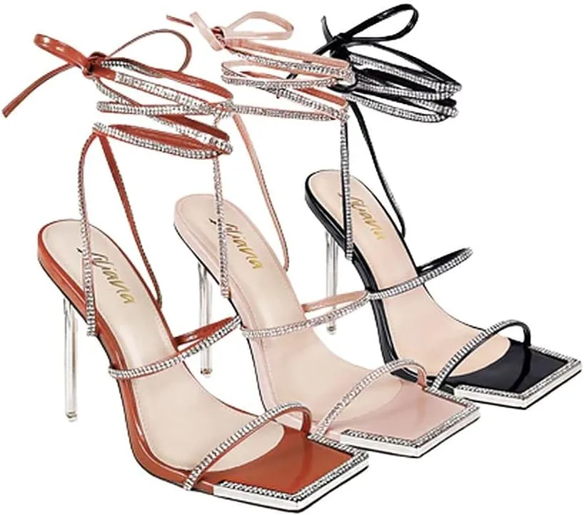 Liliana Women Lace Up Rhinestone High Heel Sandals
