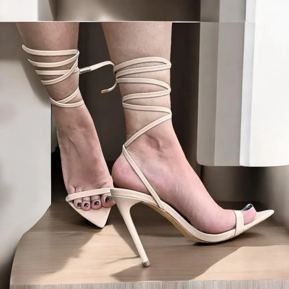 Liliana Women's Lace-Up Heels Sandals Strappy Pointed Toe Stiletto High Heel Sandals-Metallic Shoes