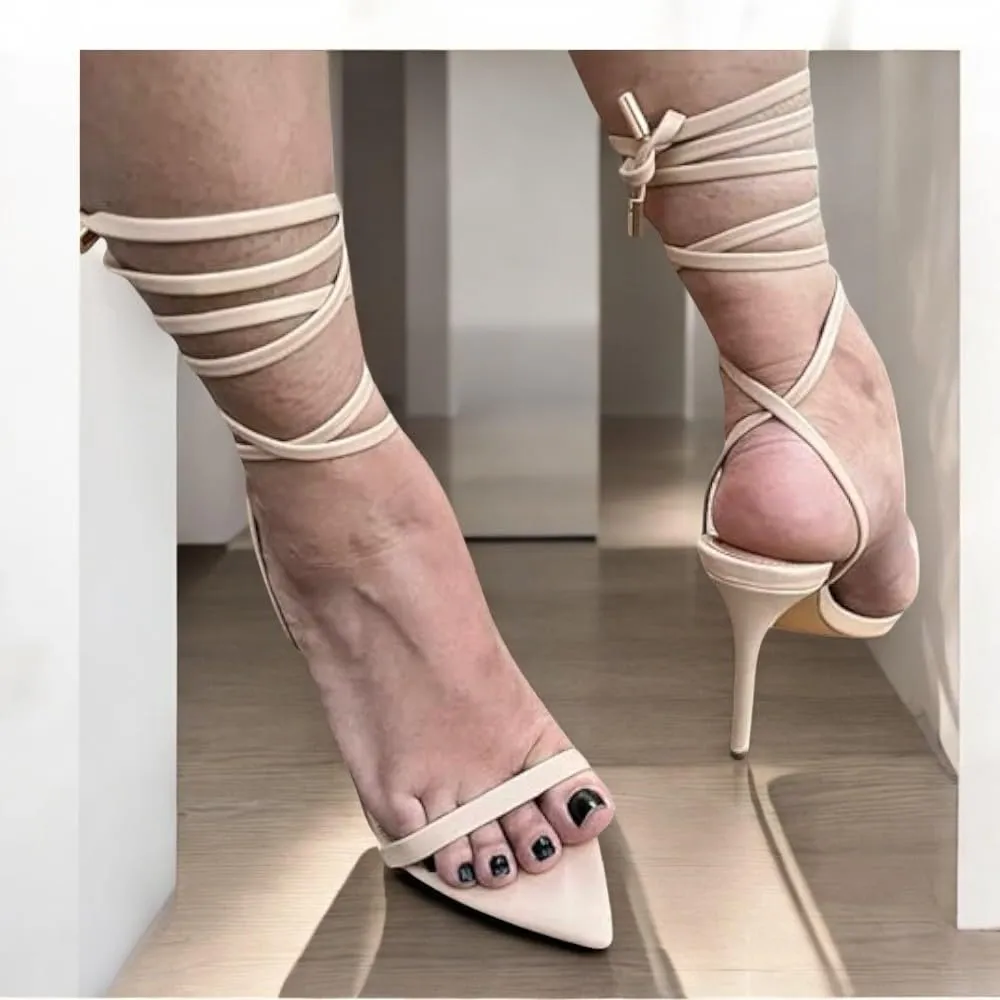Liliana Women's Lace-Up Heels Sandals Strappy Pointed Toe Stiletto High Heel Sandals-Metallic Shoes