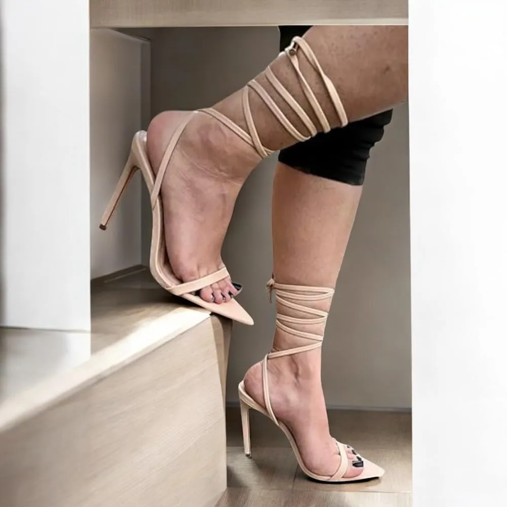 Liliana Women's Lace-Up Heels Sandals Strappy Pointed Toe Stiletto High Heel Sandals-Metallic Shoes