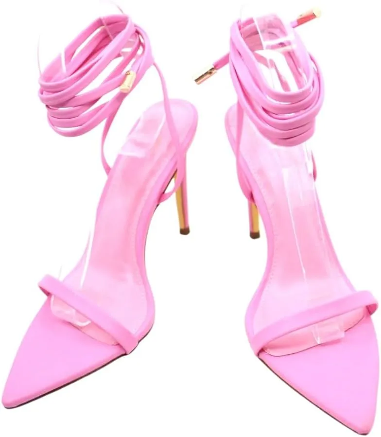 Liliana Women's Lace-Up Heels Sandals Strappy Pointed Toe Stiletto High Heel Sandals-Metallic Shoes